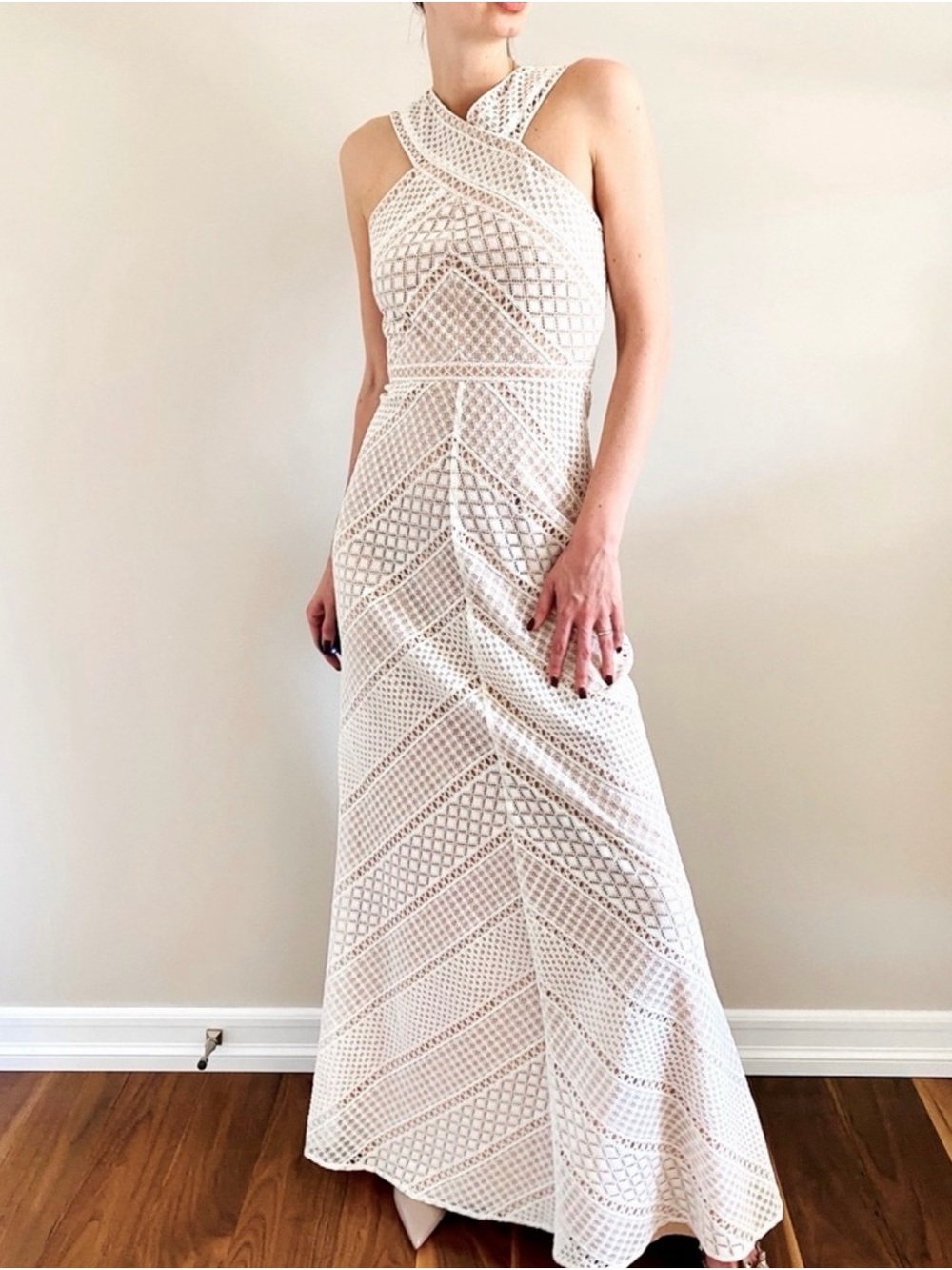 BCBGMaxAzria Cream Crochet Halter Maxi Dress